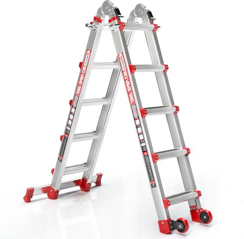 Wolec Telescoping A-Frame Ladder- 17FT Folding Extension Ladder with Wheels & Stabilizer Bar, 330lb Security Load Multi Position Ladders for Stairs Home Indoor Outdoor Roof