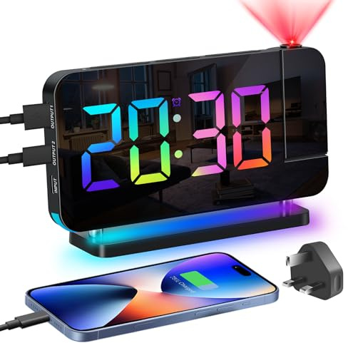 Venchin Alarm Clocks Bedside: Projection Clock with 180° Rotate Projector Time Flip USB Charging Port Night Light Snooze 12H/24H 7.4 LED Digital Mirror Clock with UK Adapter