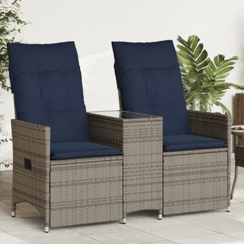 Runheo Gartensofa Verstellbar 2-Sitzer, Grau Poly Rattan Loungesofa mit Tisch, UV-beständig, für Outdoor & Terrasse, 130x92cm