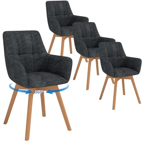 LEWE Esszimmerstühle Drehbar 4er Set mit Armlehne und Holzbeinen, 360°Drehstuhl, Polsterstuhl mit Ergonomische Stoffrückenlehne, für Esszimmer, Küche, Wohnzimmer, Schlafzimmer, Schwarz