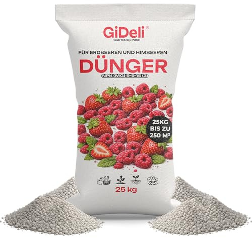 GiDeli Beerendünger für Erdbeeren und Himbeeren, Granulat, 25 kg | chloridarm für aromatische Früchte, mit Magnesium, langsam wirkende Körner, Großgebinde für Dauerbedarf