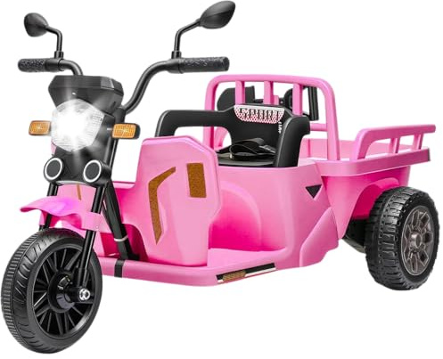 ZoomBuggy Elektrisches Dreirad 12V Kinder mit Anhängerplattform, dreirädriges Elektro-Kinderfahrzeug mit Fernsteuerung, Musik, Bluetooth, Rückspiegeln und LED, für Kinder ab 3 Jahren, Rosa