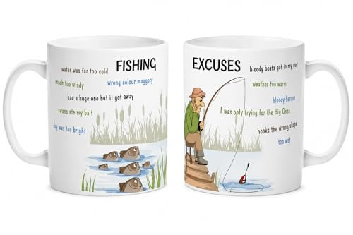 Kruzroyal Funny Fishing Excuses Mug, Fisherman Coffee Cup, Novelty Gift for Dad, Grandad, Husband, Angler & Fishing Lover, Wrap Around Idea 11oz Ceramic Mug