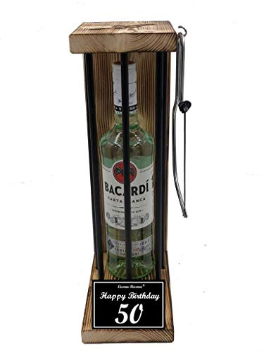 Bacardi Geschenk 50 Geburtstag - für Männer und Frauen Eiserne Reserve Black Edition Bacardi Carta Blanca Rum (1 x 0.7 l) incl. Säge -s- Happy Birthday 50 Geburtstag