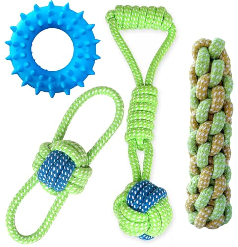 Sunglow Cotton Rope Weaving Dog Toy & Ring Toy Rubber,Cotton Rope Dog Chew Toys,Decompression and Tug Toy for Small Dogs Training Playing Teeth Cleaning (Four Packs)