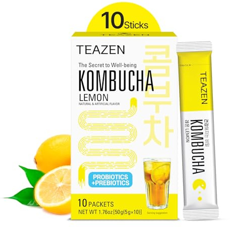 TEAZEN - Kombucha Citron – Boisson instantanée probiotique au thé – 10 sachets – Sans sucre, végétalien, faible en calories – Préparation pour boisson Coréenne tropicale avec prébiotiques