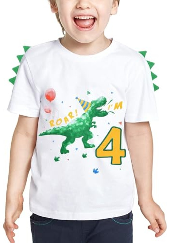 WAWSAM 4. Geburtstag Jungen T-Shirt aus Baumwolle T-Rex Geburtstagsshirt | für 4-jährige Jungen mit Dino-Zacken, Kurzarm Shirt für Geburtstag, Kindergarten und Feier