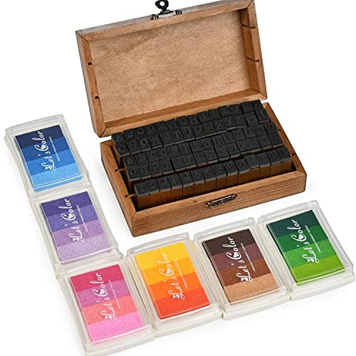 Touloube 70-teiliges Alphabet-Stempelset, Vintage-Stempelset aus Holz, Gummi, Buchstaben, Zahlen und Symbolen, mit 6 bunten Stempelkissen, mit kleiner Holzbox, für Heimwerker, Kinder, Basteln, Scrapbo