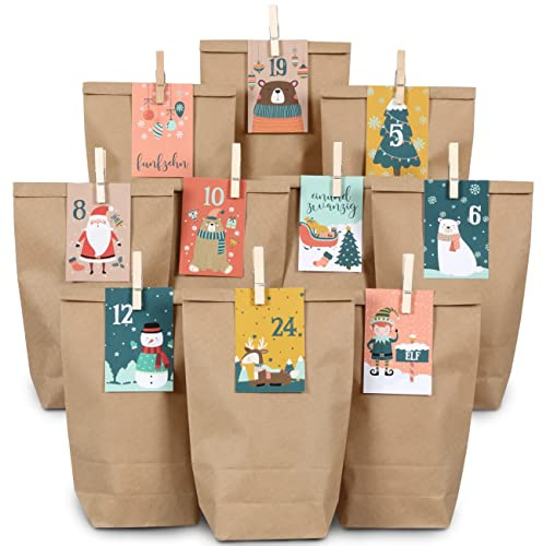 Papierdrachen Adventskalender 2025 zum Befüllen - 24 bedruckte Papiertüten mit Zahlenkarten & Klammern - Motiv Kinder - DIY - zum Basteln
