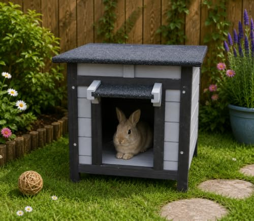 BUNNY BUSINESS Rabbit/Guinea Pig/Cat Wooden Hide House Run Hide - 50 x 42 x 43cm (DARK GREY)