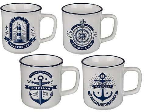 ReWu Kaffeebecher aus Steingut 4er-Set Maritim Küstendesign | Geschenk Geschenkidee, Nordsee Ostsee, Dekorativ, Meer Anker Leuchtturm