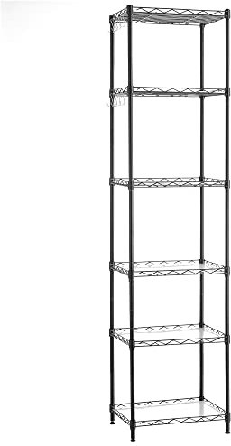 SONGMICS Estantería Metálica de 6 Niveles, Estanteía de Malla con Estantes Ajustables, Paneles de PP, 8 Ganchos, Carga Máxima de 120 kg, para Salón, Garaje, Negro LGR116B01