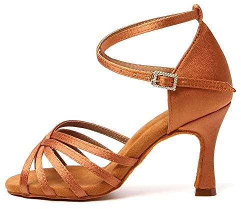 SWDZM Scarpe da Ballo Latino con Tacco Alto da Donna Scarpe da Ballo Professionali in Raso Standard,Marrone,38EU