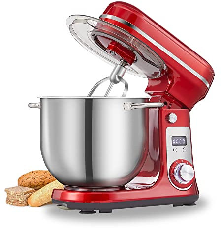 Biolomix Küchen Elektro Standmixer,6 Gang Küchenmaschine mit neigbarem Kopf und 6L Edelstahlschüssel,Knethaken,Flachrührer,Schneebesen und Spritzschutzabdeckung,Schwarz (BM601-Rot)