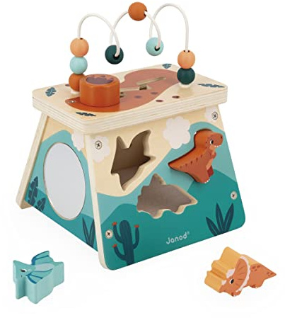 Janod Dino - Dinosaur Shape Sorter Wood Multi-Activity Volcano - 5 Activities in One - Ages 12 Months- 3 Years - J05827