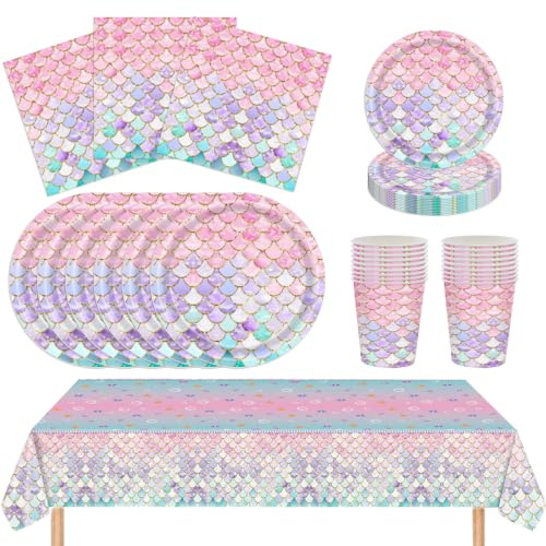 ZOOMPIL 69 Stück Meerjungfrauen Party Geschirrset für 16 Gäste, Schuppen | Rosa Grüne Violette Schuppen, Schnellen Layout und Aufräumen, Mädchengeburtstags Schmücken mit Unterwasserwelt Motto