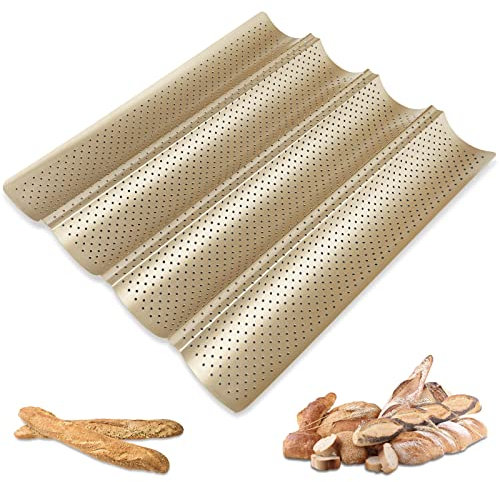 Firschoie Bandeja para Baguette, bandeja de pan, molde para baguette de 4 rejillas, Sartén para baguettes de acero al carbono (Oro)