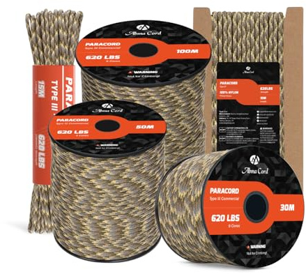 Abma Cord 4mm Paracord 620lb 100M 9 Kärntrådar Nylonrep Typ III för DIY, Camping, Överlevnad, Utomhus - Max. 280kg - Skogscamo