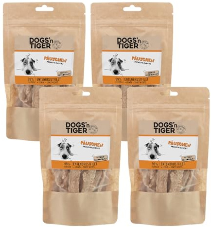 Dogs'n Tiger Päuschen Hundesnack, Ente, 99% Filet, 4X 80g | Hundeleckerli, Trainingssnack, gefriergetrocknet, ohne Zucker, Getreide & künstliche Aromen, gut verträglich
