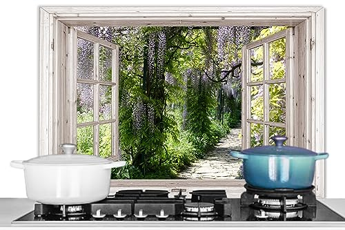 KitchenYeah© Plaque Anti Projection Cuisine 80x55 cm Aluminium Décoration Couvercle Anti Éclaboussure Crédence Cuisine Glycine - Fleurs - Transparent - Arbre - Printemps