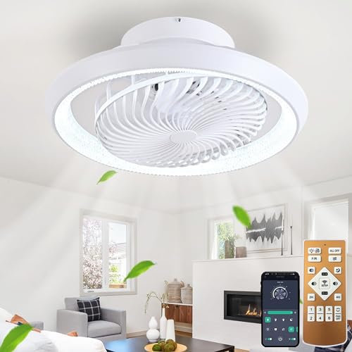 TJSC Deckenventilator mit Beleuchtung LED Licht, Dimmbar Invisible Fan Ventilatorlicht, 360° Drehbar, Timer Leise Ventilator lampe, 72W mit Fernbedienung APP, für Wohnzimmer Schlafzimmer,Weiß, 49cm