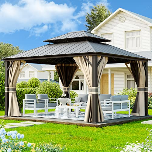 UDPATIO 3,65 x 4,25 m trädgårdspaviljong vattentät stabil vintersäker hård topp paviljong, galvaniserat stål, dubbeltak aluminium paviljong med myggnät och gardiner för trädgård, terrass, gräsmatta,