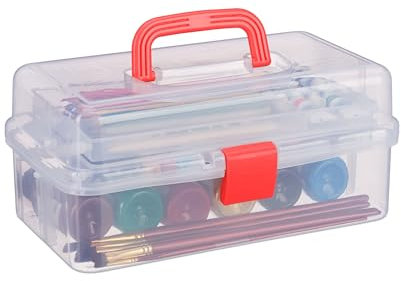 Relaxdays Aufbewahrungsbox 9 Fächer, Sortierbox Bastelmaterial, Künstlerbedarf, HBT 14 x 33 x 19,5 cm, transparent-rot