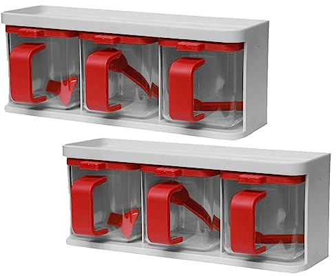 Set of 2, Seasoning Box Spice Pots 3 Pieces Kitchen Condiment Storage Box with Lid Handle Plastic Storage Container Canister Space Saving Herbs Box Tea Sugar Coffee Grains Flour Cruet Set (Ivory-Red)