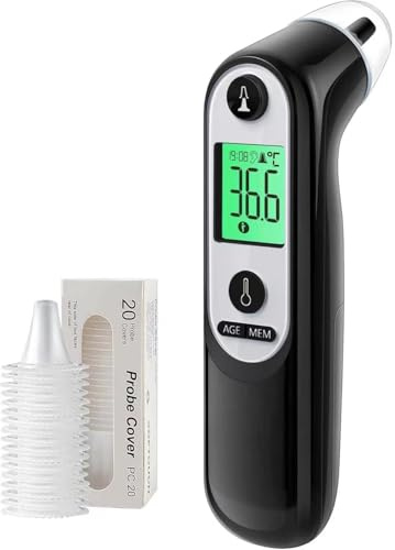 Digitales Infrarot-Ohrthermometer für Babys, Erwachsene & Senioren – Präzise Alterserkennung, farbcodiertes Display, 21x Hygienekappen, 1-Sekunden-Messung & Fieberalarm (Schwarzer)