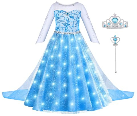 ACWOO LED Lumineux Robe Princesse Fille Deguisement, Robe de Princesse Enfant, Robe avec Baguette et Couronne Filles Princesse Costume Habillage pour Noël Halloween Anniversaire Fête Cosplay
