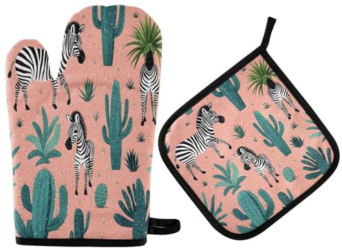 Oven Mitts and Pot Holders Set, Zebra Cactus Tree Kitchen Oven Gloves 500F Heat Resistant Thick Quilted Cotton Oven Mitts Potholder Hot Pads Mat Non Slip for Cooking Grilling BBQ