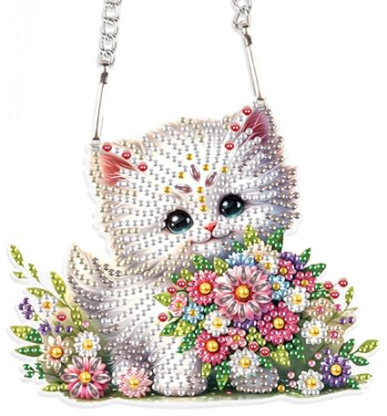 DCIDBEI DIY Diamond Painting Ciondolo Gatto 15 x 15 cm 5D Diamond Painting Set con catena Gatto Animali Diamante Painting Ornamenti Pittura Diamante Pendant Targhetta