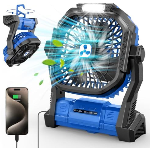 PDBEST Batteriebetriebener Ventilator 20000mAh Kabellos, Wiederaufladbarer Tragbarer Ventilator mit LED-Laterne, Tischventilator, USB-C-Akku Campingventilator für Reisen, Strand, Blau