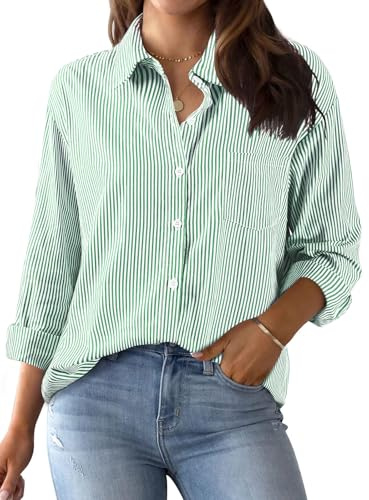 Lonya Camicia Donna Elegante a Maniche Lunghe Estiva Classica Blusa Collo V Button Down a Righe Casual Ufficio Camicette Verde,S
