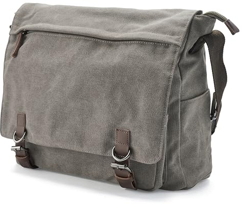 Trendhim Messenger Bag Herren | Canvas Umhängetasche mit Lederdetails & Laptopfach | Schultertasche für Alltag, Arbeit, Büro & Freizeit, 15 Zoll | Grau