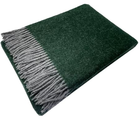 Alpenwolle Wolldecke 140x200cm Neuseeland 100% Wolle aus Neuseeland, Überwurf Plaid mit Fransen (Dunkelgrün)