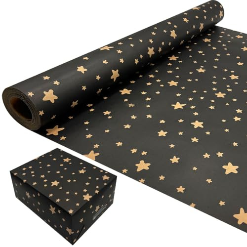 Födelsedagspresent pappersrulle: Svart stjärnmönster, återvinningsbart presentpapper, 43 cm x 15 m