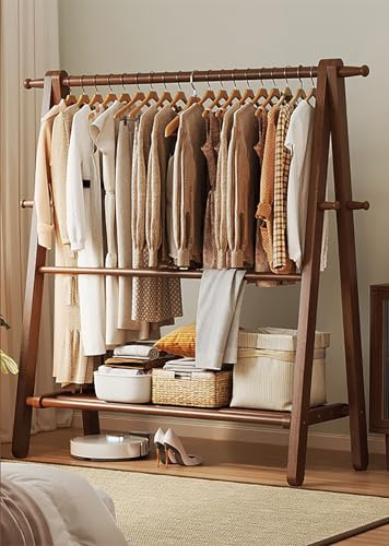 Cutfouwe Holz Kleiderständer Garderobe, große Faltbare hängende Kleidung, Stand Kleiderständer mit Lagerung Regal, Kleidung Lagerung, Home Organisation, natürliche Buche,47 with Pants Rack