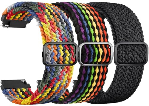 ZGCE 3 Stück Elastische Uhrenarmbänder 22mm 20mm Armband, mit Verstellbarer Schnalle, Nylon Geflochtene Sport Uhrenarmband für Herren Damen (Schwarz/Regenbogen/Bunt, 20mm)