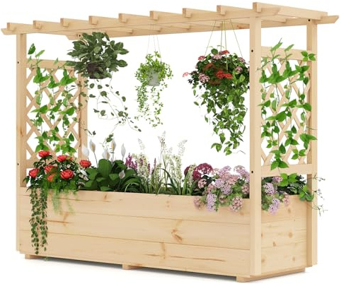 HOMASIS Blumenkasten mit 2 Rankgitter & Dachregal, Hochbeet mit Spalier, Holz Pflanzkasten für Kletterpflanz, Pflanzkübel Pflanzgefäß Rankhilfe für Garten Balkon Terrasse (Natur, 150x50x104cm)