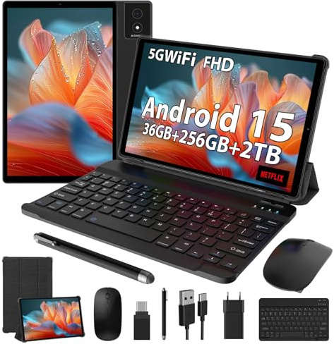 LEVIRTU Android 15 Tablet 10.4 Pulgadas, Octa-Core, 36GB RAM+256GB ROM (2TB TF), 2.0GHz/5G WiFi, 2000x1200 FHD, 8+13MP/8000mAh/GPS,Tablet con Teclado (Negro)