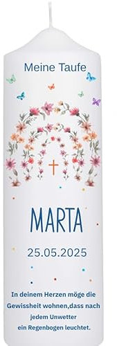 Taufkerze Mädchen,Jungen mit Taufspruch, Regenbogem mit Blumen 25 x 8 cm, personalisierte Kerze, bedruckte Kerze zur Taufe, Stumpenkerze, Patenkerze,Taufgeschenk, Geburtstagskerze,Konfirmationskerze