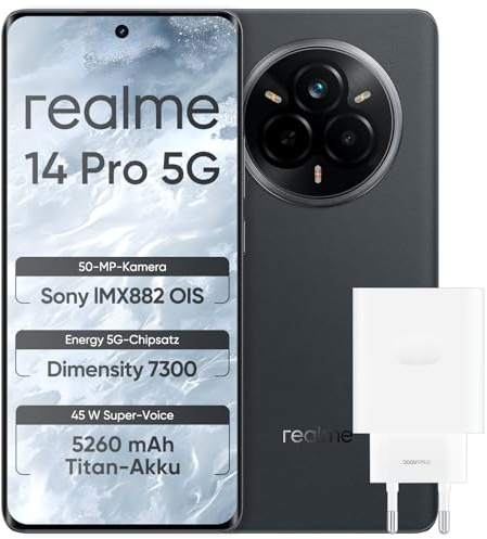 realme 14 Pro 5G Smartphone, 8GB de RAM y 256GB de Memoria, MediaTek Dimensity 7300, Cámara OIS de 50MP, Pantalla Curva 3D de 6,77 a 120Hz, Batería de 5260mAh, IP69, NFC, Gris (con Adaptador)