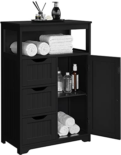 Yaheetech Mueble Baño de Madera Armario Baño con Cajón y Estante Ajustable Mueble Auxiliar de Cocina Armario Multiusos con Puertas Dobles para Salón Entrada Negro 55,5x29,5x86,5 cm