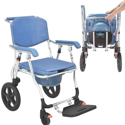 JIMINHUIXIN Duschstuhl Toilettenstuhl mit Rollen für Senioren Fahrbar, Toilettenstühle, Duschstuhl Mit Rollen Klappbar, Toilettenrollstuhl mit Armlehne Rückenlehne, Nachtstuhl für Erwachsene