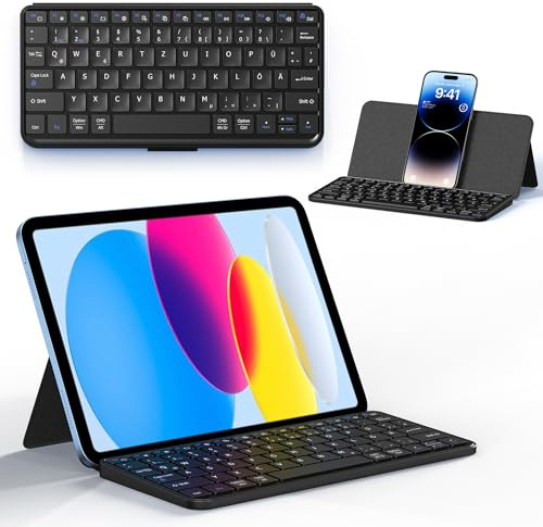 CACOE Mobile Bluetooth Tastatur für Tablets, Faltbare mit Ständer, Schwarz | Dual-Channel 10 Zoll Tastatur Ultraflache Tragbare, für Smartphone Und iOS iPadOS Android Samsung/Lenovo Tablette Windows