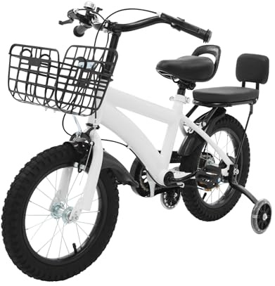 LKHDONG 14 Zoll Kinderfahrrad, Kinderrad mit Stützräder und Korb, Kinder Fahrrad für ab 3-7 Jahre, Fahrrad Kinder Höhenverstellbares, Doppelbremse, Tretfahrrad Mädchen Jungen mit Rücksitz (Weiß)