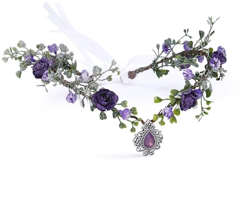 MOSTORY Elfen Diadem Elfenkrone Kopfschmuck für Mittelalter Accessoires Damen, Lila Blumen Waldkrone für Renaissance Cosplay Karneval