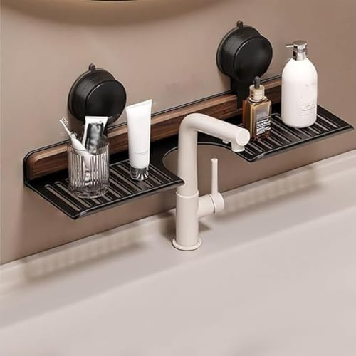 Mensola con ventosa, in noce, per bagno e cucina, organizer per rubinetto, montaggio a parete, senza foratura, accessorio rimovibile (nero, 50 cm)