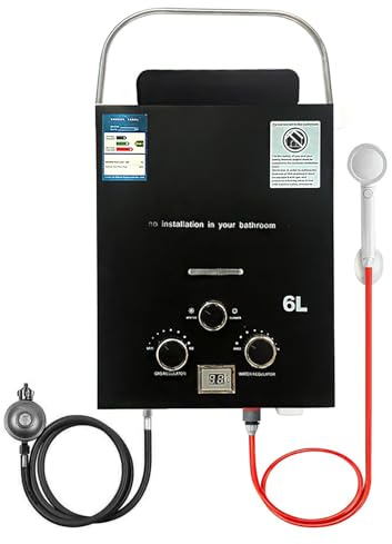 6L Chauffe Eau Gaz, 12KW Chauffe eau Instantané, Chauffe eau Camping Car, Chauffe Eau Portable pour Propane(28-30mbar)/Butane(37-50mbar), pour Camping, RV Voyage, Hiver et Été (Noir)
